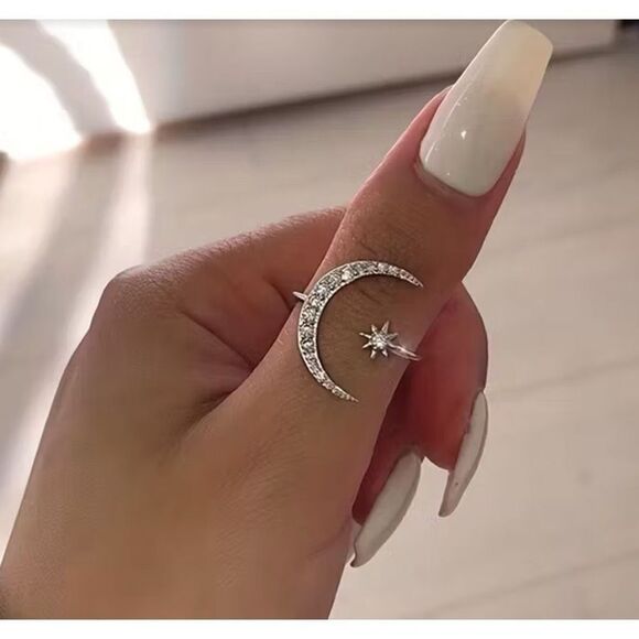 Star and Sun Silver Rhinestone Adjustable Ring  NWOT - Picture 1 of 6